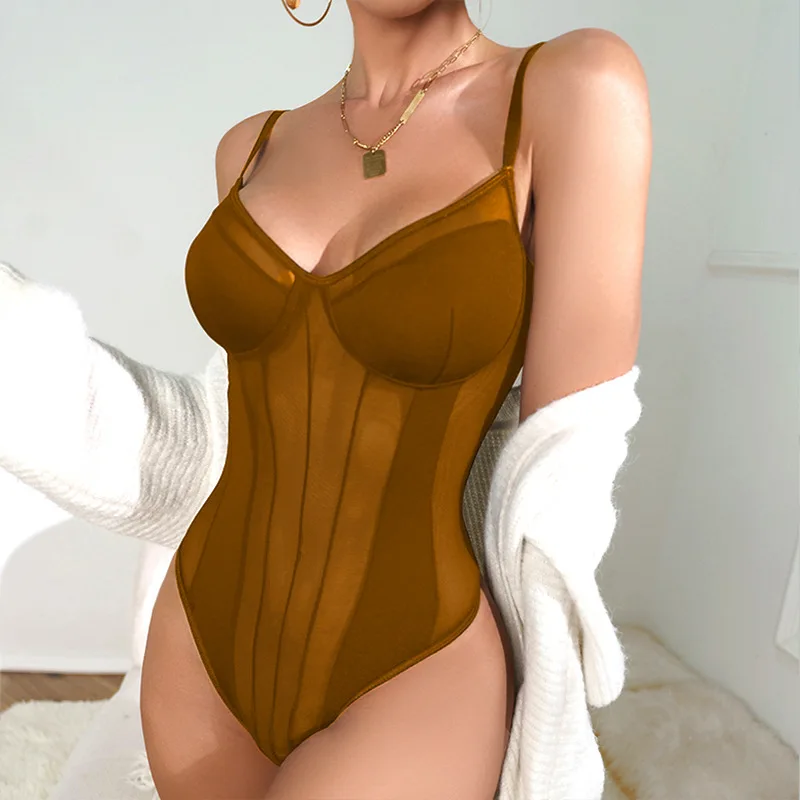 Sexy and seductive V-neck backless mesh perspective splicing thin and playful body shaping jumpsuit bodysuits