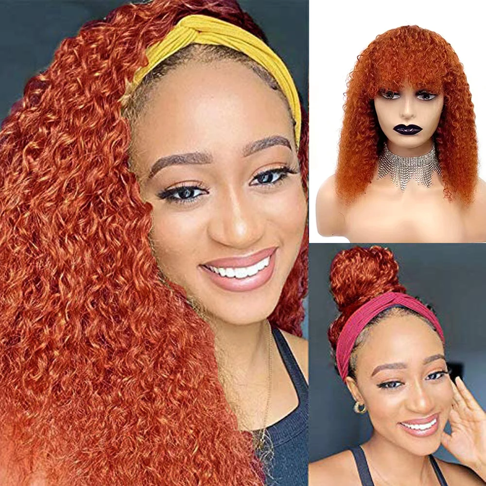 Curly Bob Human Wig Ginger Orange Short Afro Kinky Curly Glueless Human Hair Wig with Bangs Bouncy Curly Fringe Wigs for Women