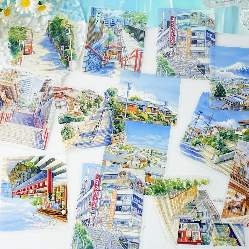 Mr.Paper 4팩 PET 스티커, 미적 도시 풍경 디오라마 스티커, 저널 스크랩북킹 DIY 커피컵 휴대폰 케이스용
