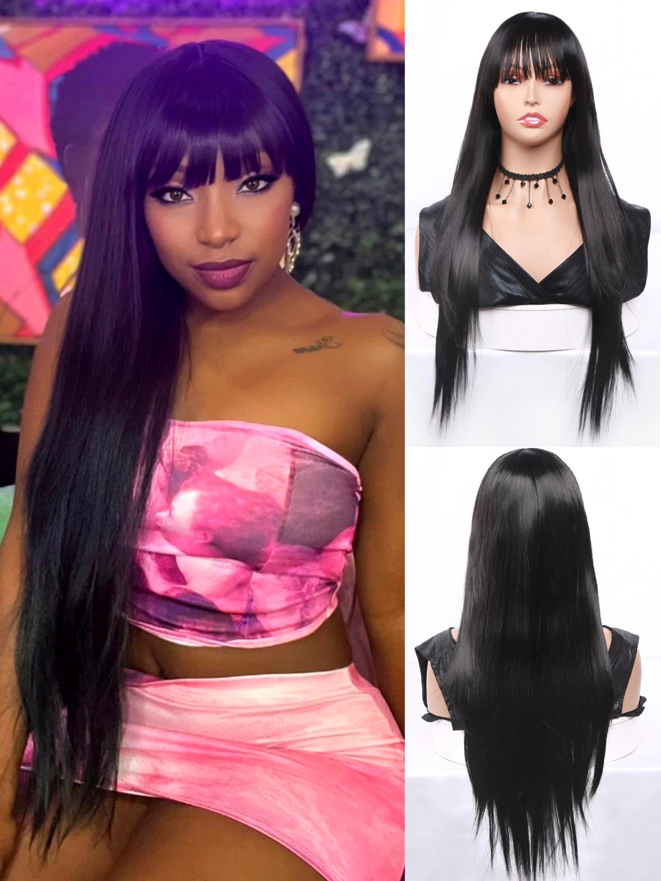 Lara Wine Red Cosplay Synthetic Hair Wigs Long Straight Colorful Halloween Wig With Bangs for Women Afro Heat Resistant