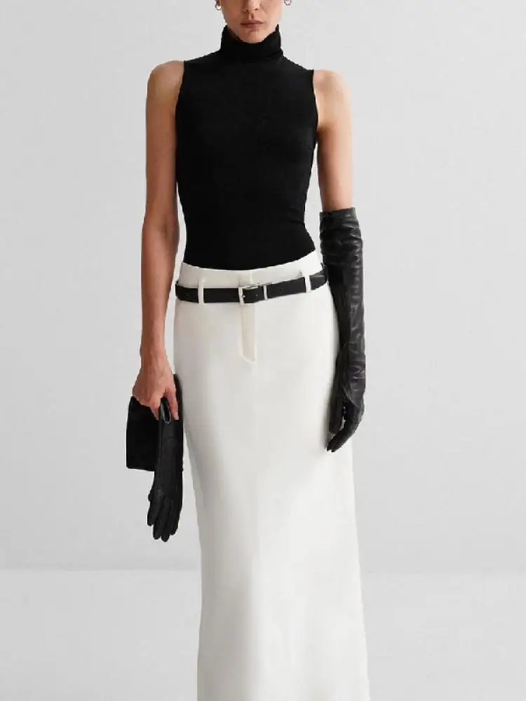Freeacy Spring and Summer Simple High Waisted Skirt for Women White Black Solid Color Split-back Floor-Length Elegant Skirts