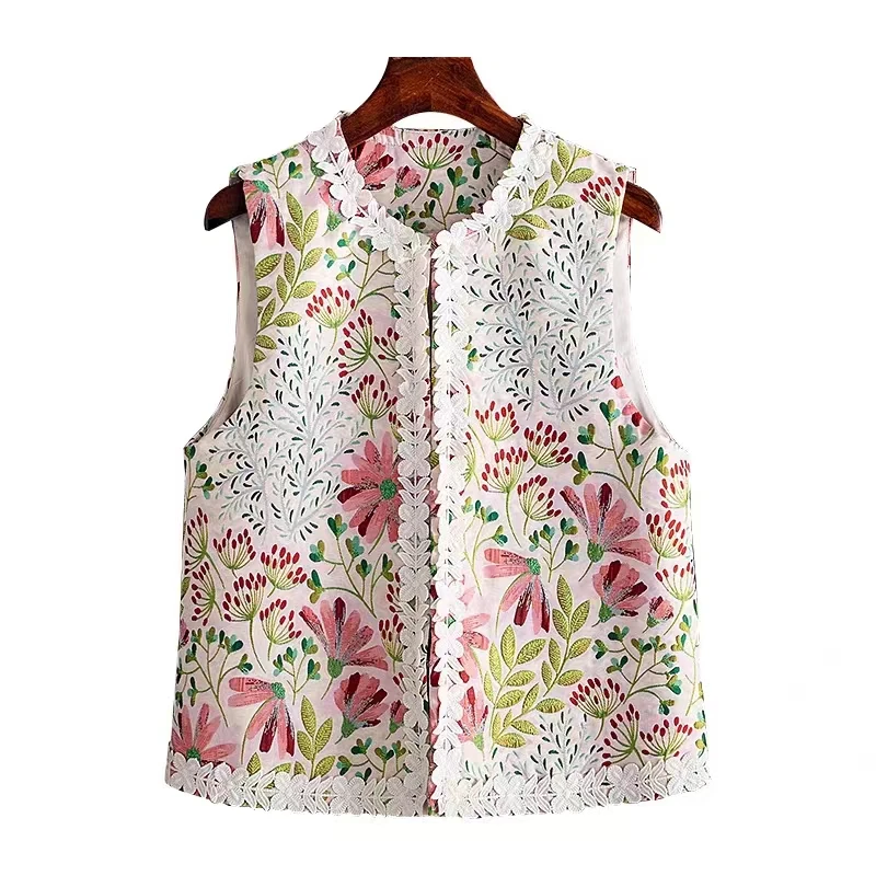 Summer New Brocade Embroidery + Lace Vest Women's Chinese Style Fashion Age Reducing Elegant O-Neck Lady Sleeveless Top S-XL
