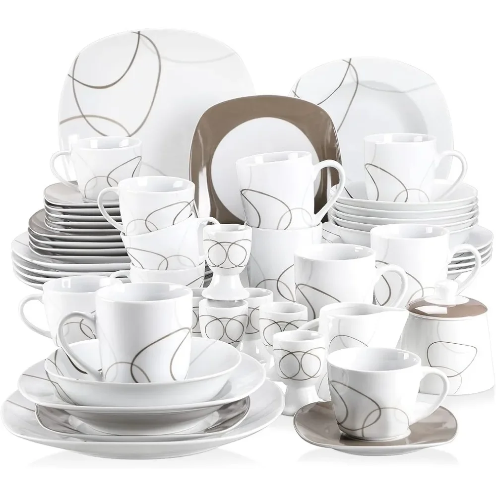 

50pcs Dinnerware Sets for 6, Including Porcelain Plates Sets,Bowls,Mugs,Egg Cups,Cup & Saucer Set, Milk Jug & Sugar Pot Set