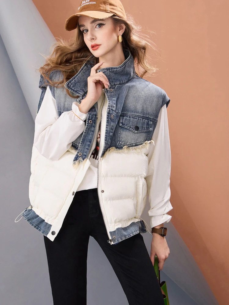 Women Oversized Denim Patchwork Puffer Vest Warm Sleeveless Jacket Streetwear Winter Fashion Outerwear Casual Layered Gilet 2