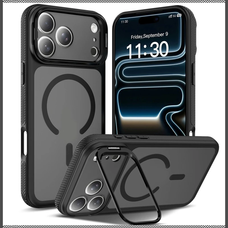 Magnetic Matte Translucent Hard Phone Case with Metal Camera Lens Stand