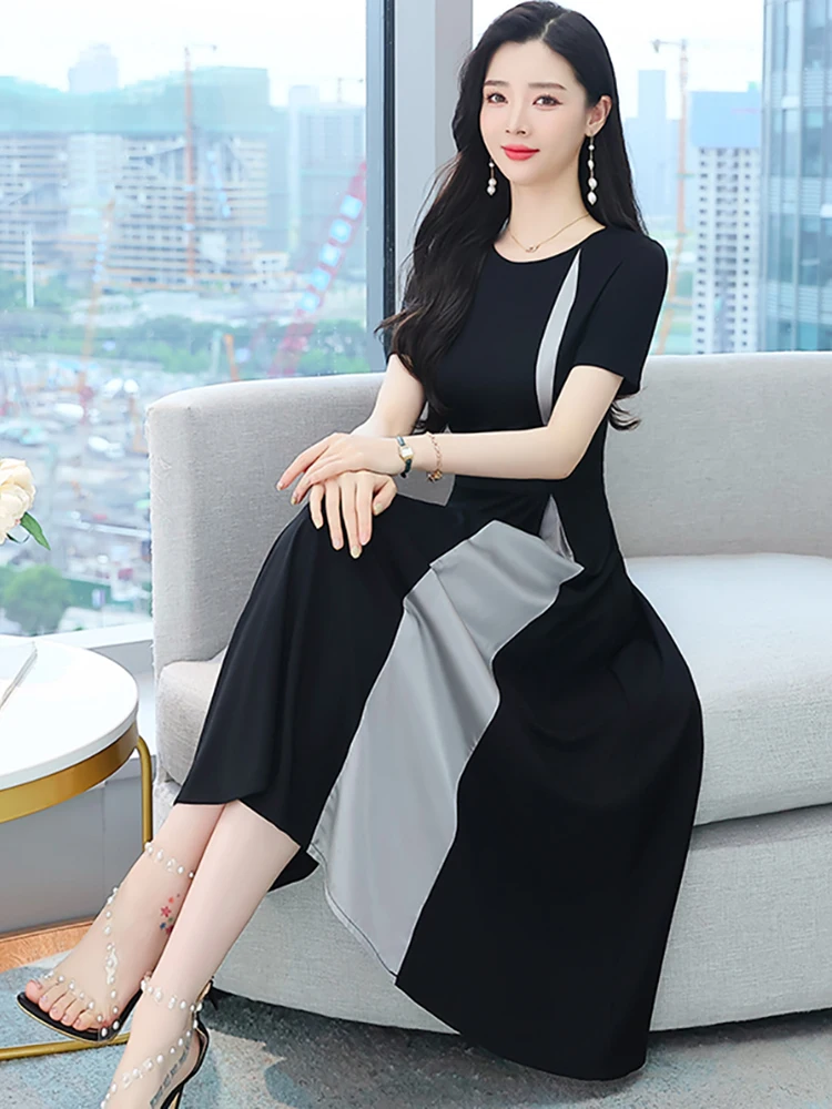 Black Patchwork Hepburn Elegant Midi Dress Summer Women Short Sleeve High  Wasit A-Line Robe 2024 Korean Bodycon Party Prom Dress - AliExpress  200000345