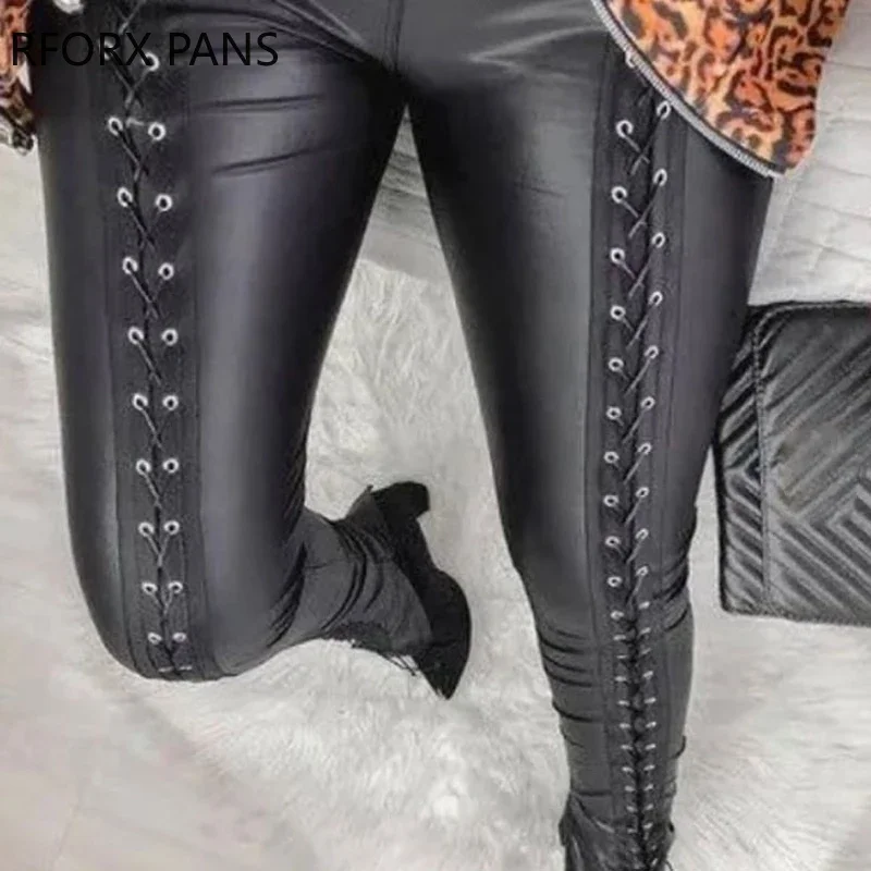 

Women Casual Solid High Waist PU Leather Criss Cross Lace Up Skinny Spring&Autumn Ankle Length Pencil Pants