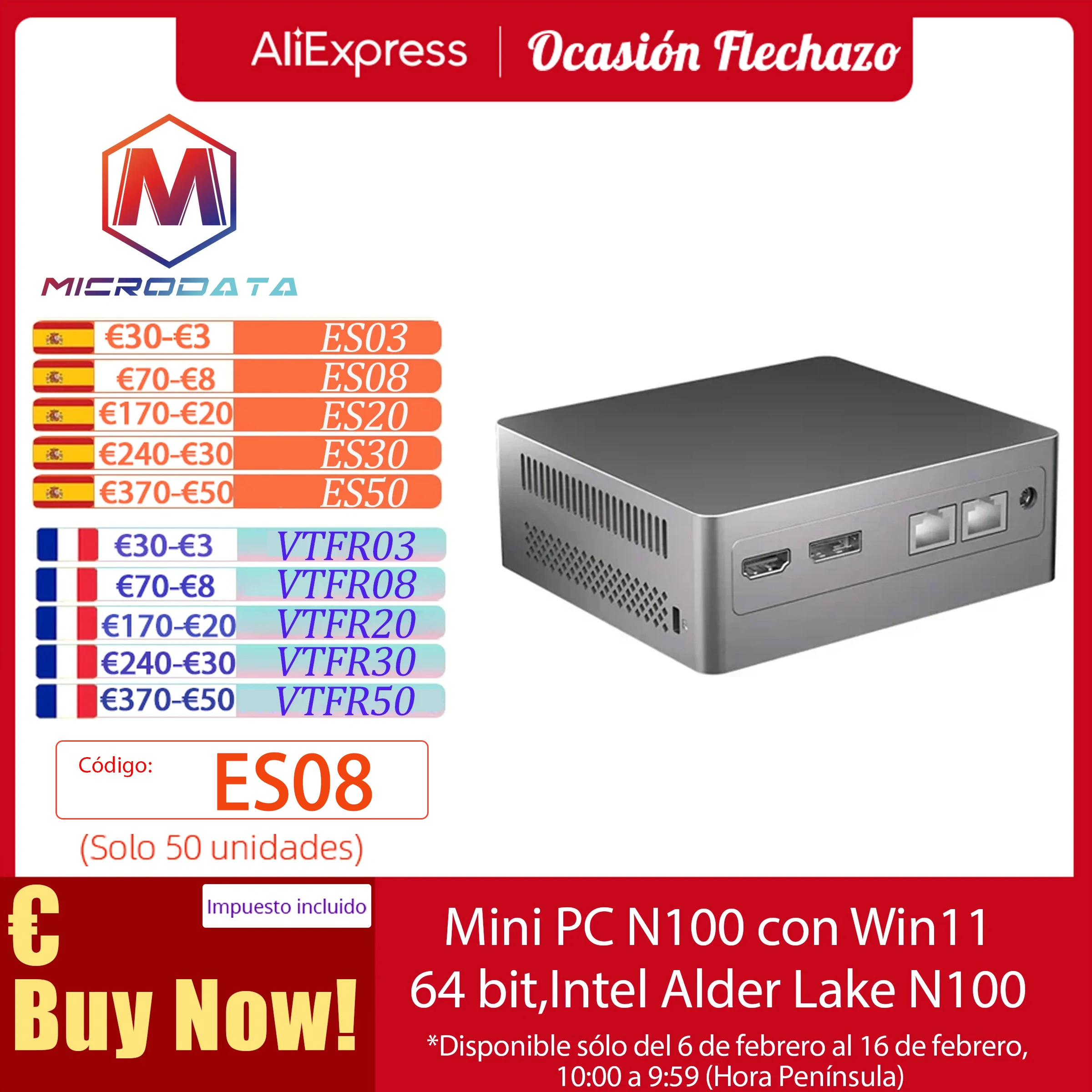 Mini Pc N100 Con Win11 64 Bit,Intel Alder Lake N100 8Gb De Ram, 256Gb, Ssd, Wifi, Bt, 1000M, Lan