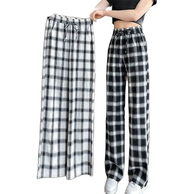 

Wide-Leg Pants Women's Summer Thin 2023 New High-Waist Loose And Slim Casual Straight Ice Silk Plaid Temperament Ladies Pants