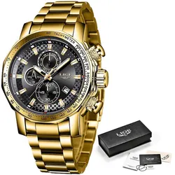 LIGE Luxury Men's Sport Chronograph Watch - Full Steel, Waterproof, Big Dial (Gold black)