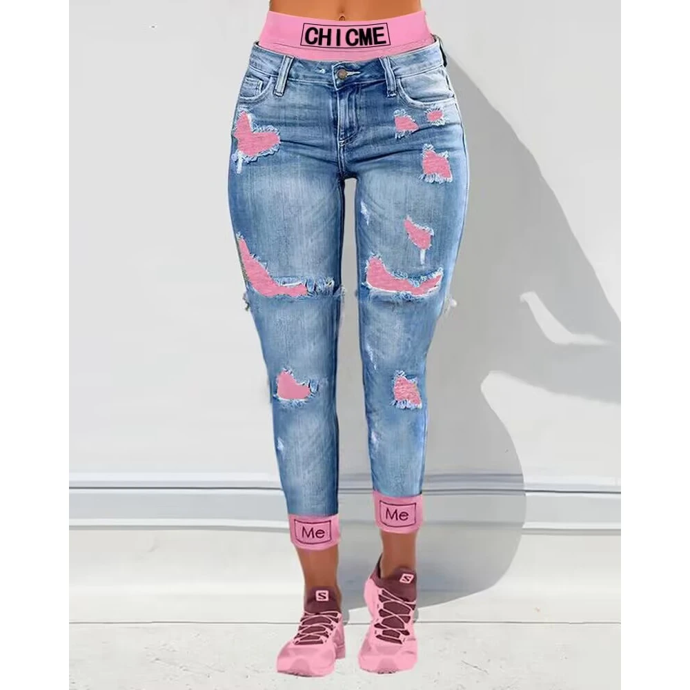 

2023 Women ChicMe Fake Two-Piece Patchwork Cutout Ripped Jeans Casual Lady Office Streetwear Skinny Denim Pants