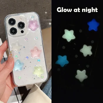 Super Cute Glow in dark Case for iPhone 16 15 14 13 17 Pro Max Cases Shockproof IPhone 17 air Soft Cover 3D Star kawaii Coque 1