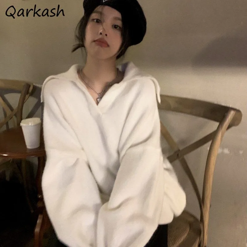 

Winter Pullovers Women White Loose Sailor Collar Gentle All-match Knitting Popular Daily Korean Style Female Graceful Design Ins