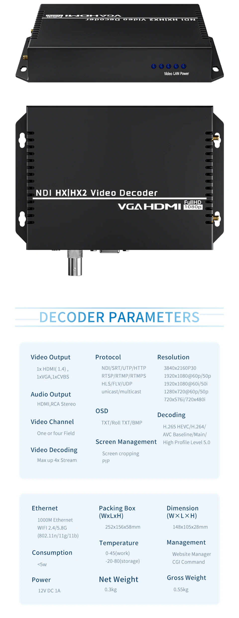 NDI HX2 UHD RTSP RTMP SRT UDP H.265 H.264 Muti-Viewer Wireless VGA HDMI Video De