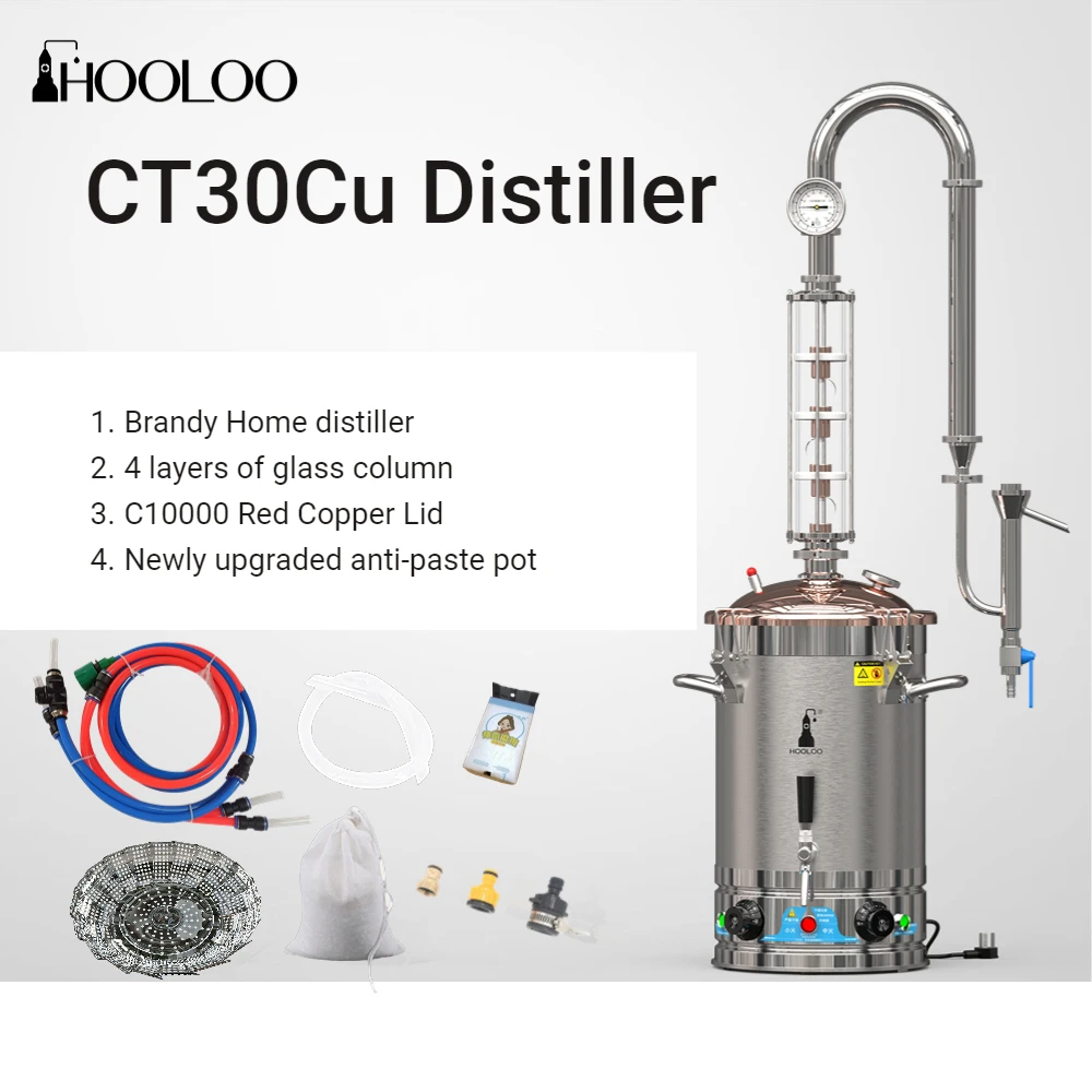 HOOLOO CT30Cu Distiller Small Home Brewing 220V/110V Moonshine Still Machine Rectification Brewing Equipment Whiskey Brandy Rum