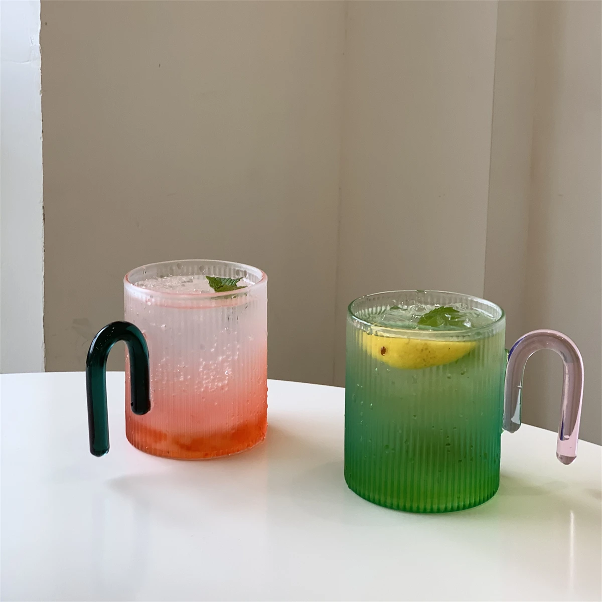 Korean Style Ins Style Colorful Vertical Pattern Glass Fresh Simple Couple Cup Household Tropical Handle Water Cup