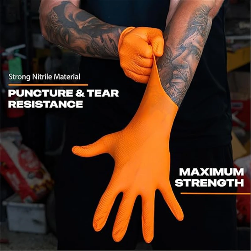 8mil Heavy Duty Industrial Orange Nitrile Gloves Latex Free Diamond Textured Disposable Gloves Mechanic Cleaning Hair Dye