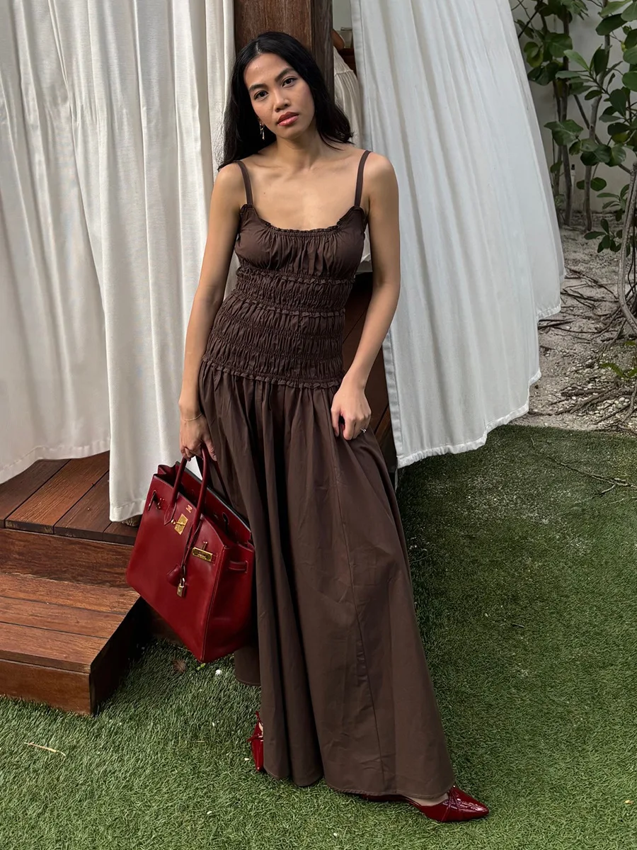 Bornladies New 2026 Summer White Ruched Long Dresses Women's Spaghetti Strap Cotton Slim Fitted Waist Dress