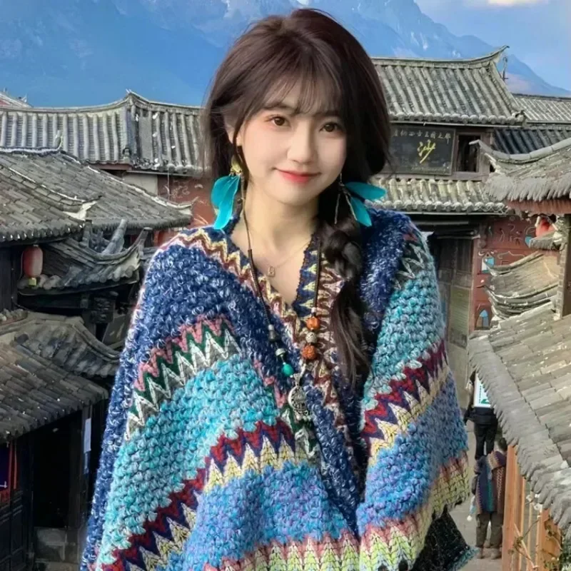 New Ethnic Style Shawl Dual-purpose Air-conditioned Cloak Wool Knitted Handmade Tassel Pendant Cloak Travel Shawl