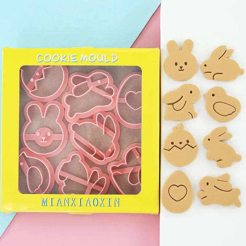 Cookies Cutter Rabbit Egg Dough Stamp Plastic 3D Bunny Cartoon Pressable Biscuit Mold Easter Kitchen Baking Pastry Bakeware 8Pcs