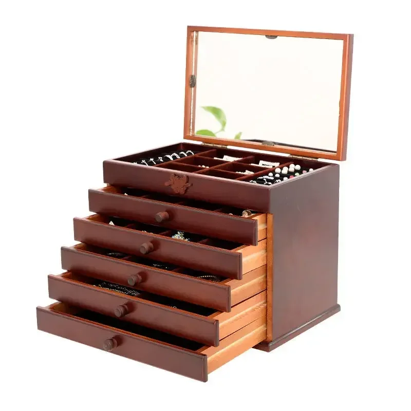 Necklace Jewelry Organizer Box Wood Jewelry Case with Ring Earring Drawer Bracelet Display Plastic Storage Separators 6