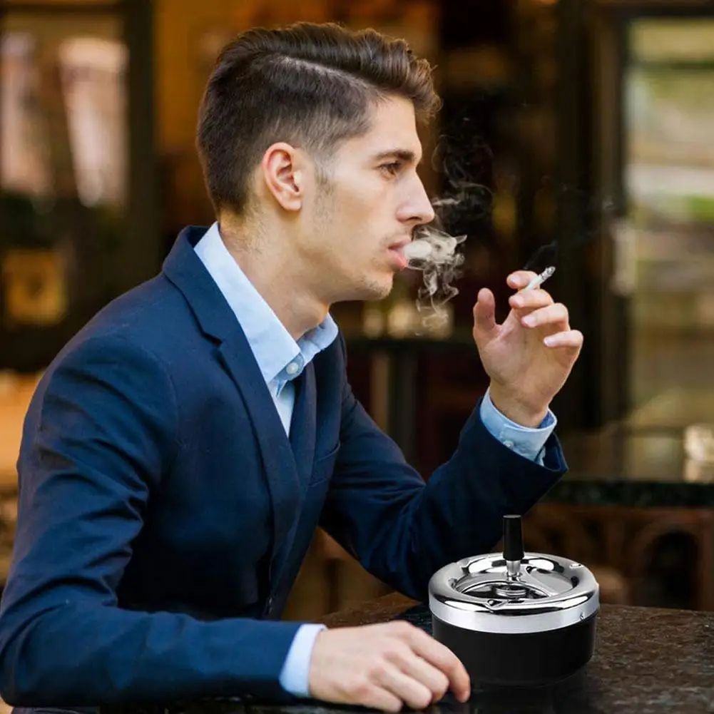 Metal Round Cigarette Ashtray Push Down Rotating Smoking Outdoor Cleaning Automatic Tray With Portable Accessories