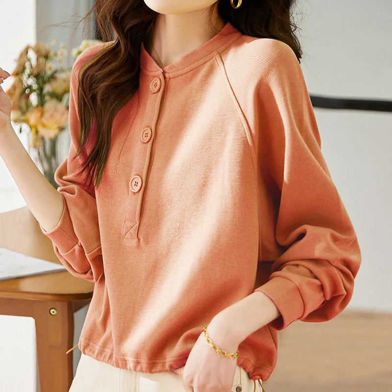 Autumn Winter Solid Color Loose Casual Cotton Sweatshirt Ladies Long Sleeve Simple Fashion Tops Women All-match Buttons Pullover