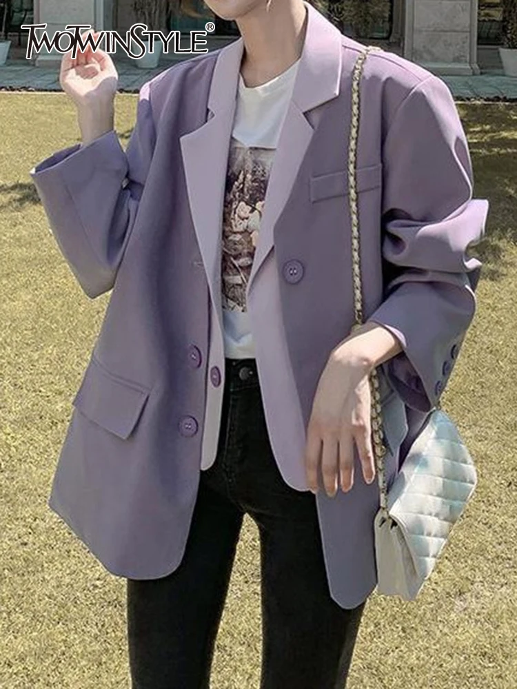 

TWOTWINSTYLE Hit Color Temperament Blazers For Women Notched Collar Long Sleeve Patchwork Single Breasted Vintage Blazer Female