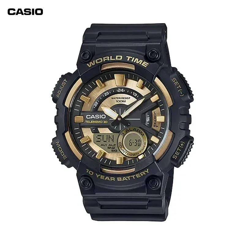 Casio-Samurai Relógio Samurai Dual Dial Masculino, AEQ-110W, Preto, Multifunções, Limite de Calendário, Star Style, Moda, Ação