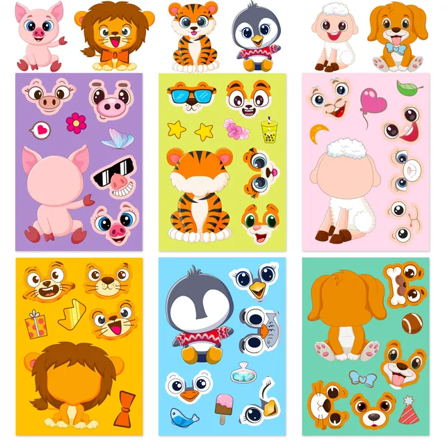 6Sheets Cute Children DIY Puzzle Sticker Games 6 Animals Make A Face Funny Assemble Jigsaw Stickers Kids Educational Toys 2