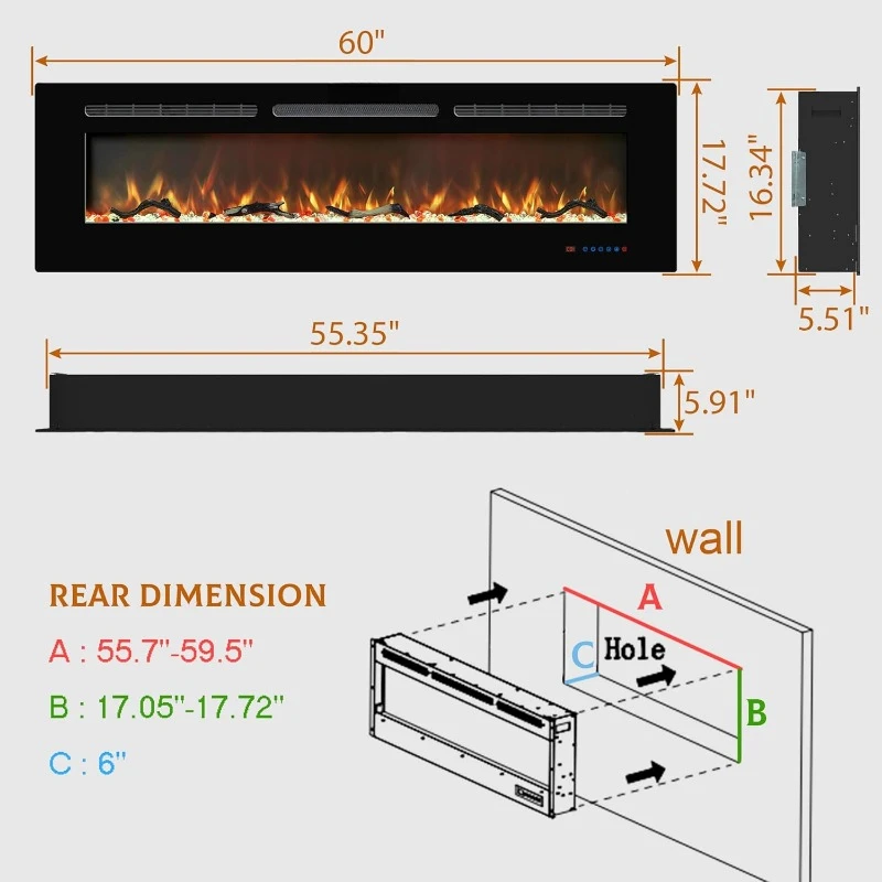 60" Electric Fireplace Inserts Insert & Wall Mount Fireplace Heaters Linear Fireplaces with Thermostat Logs & Crystal Fireplaces 6