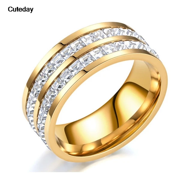 88579-b1ae3b.jpg Bague de luxe en acier inoxydable pour femmes, or Rose, Double rangée carrée, Zircon, romantique, fiançailles, fête de mariage, bijoux, cadeau pour femmes