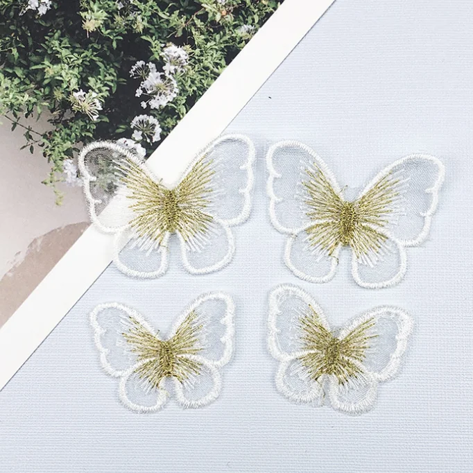 Vibrant Gold Thread Embroidered Butterfly Patches - Set of 10 in 14 Colors for Garment Embellishment