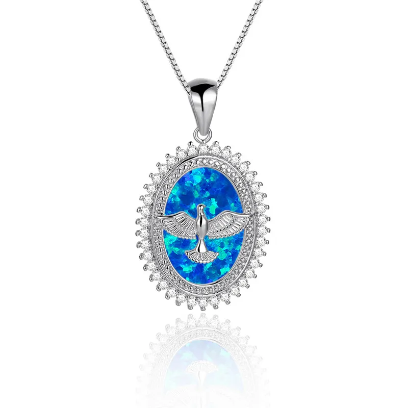Cute Dove of Peace Pendant Necklace Blue White Opal Oval Stone Necklace Rose Gold Silver Color Chain Necklaces For Women Jewelry