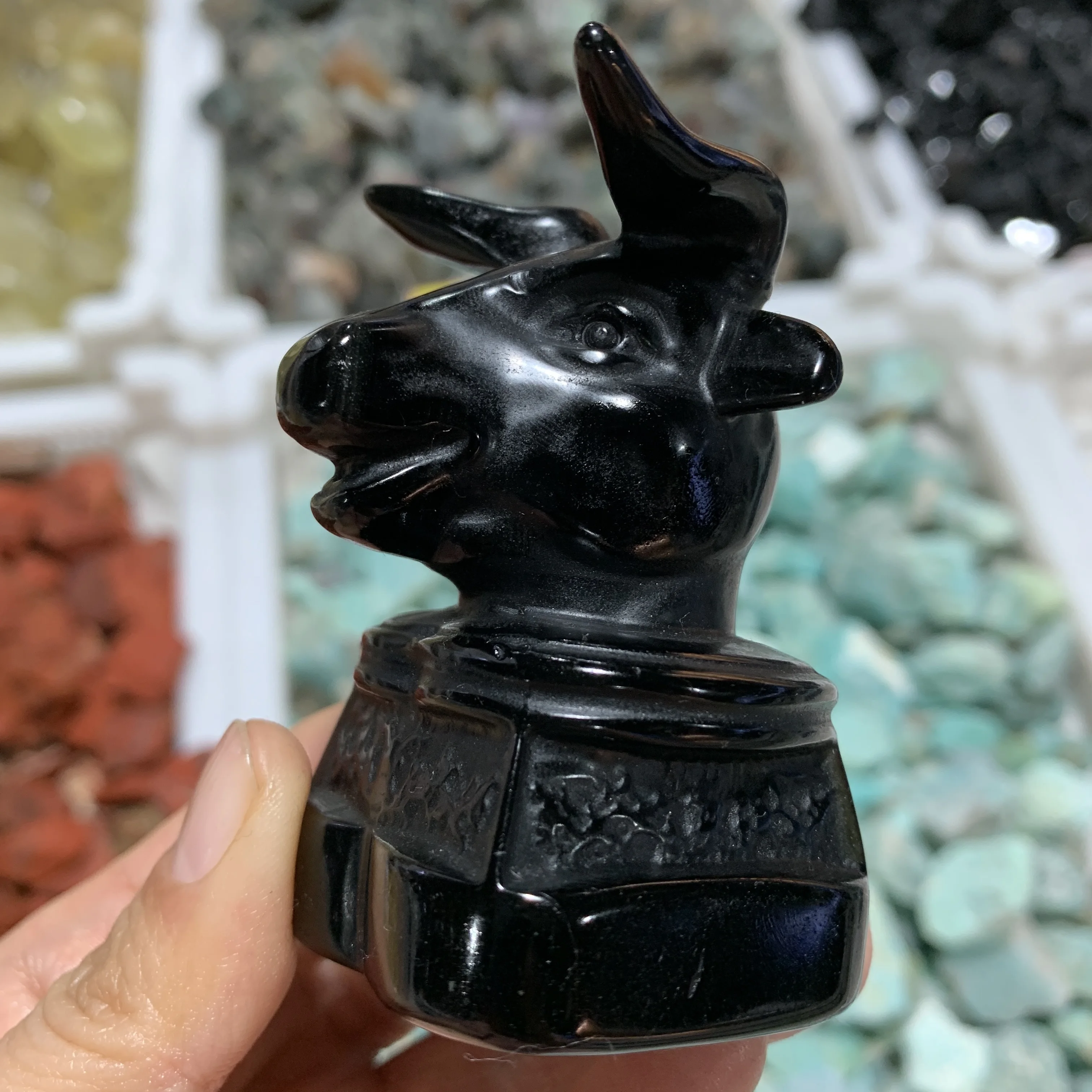 

Природный черный обсидиан, Резная Голова зверя, статуя для украшения комнаты