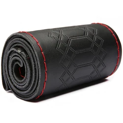 Luxury Leather Embossed Steering Wheel Cover Kit (Black Red Line)