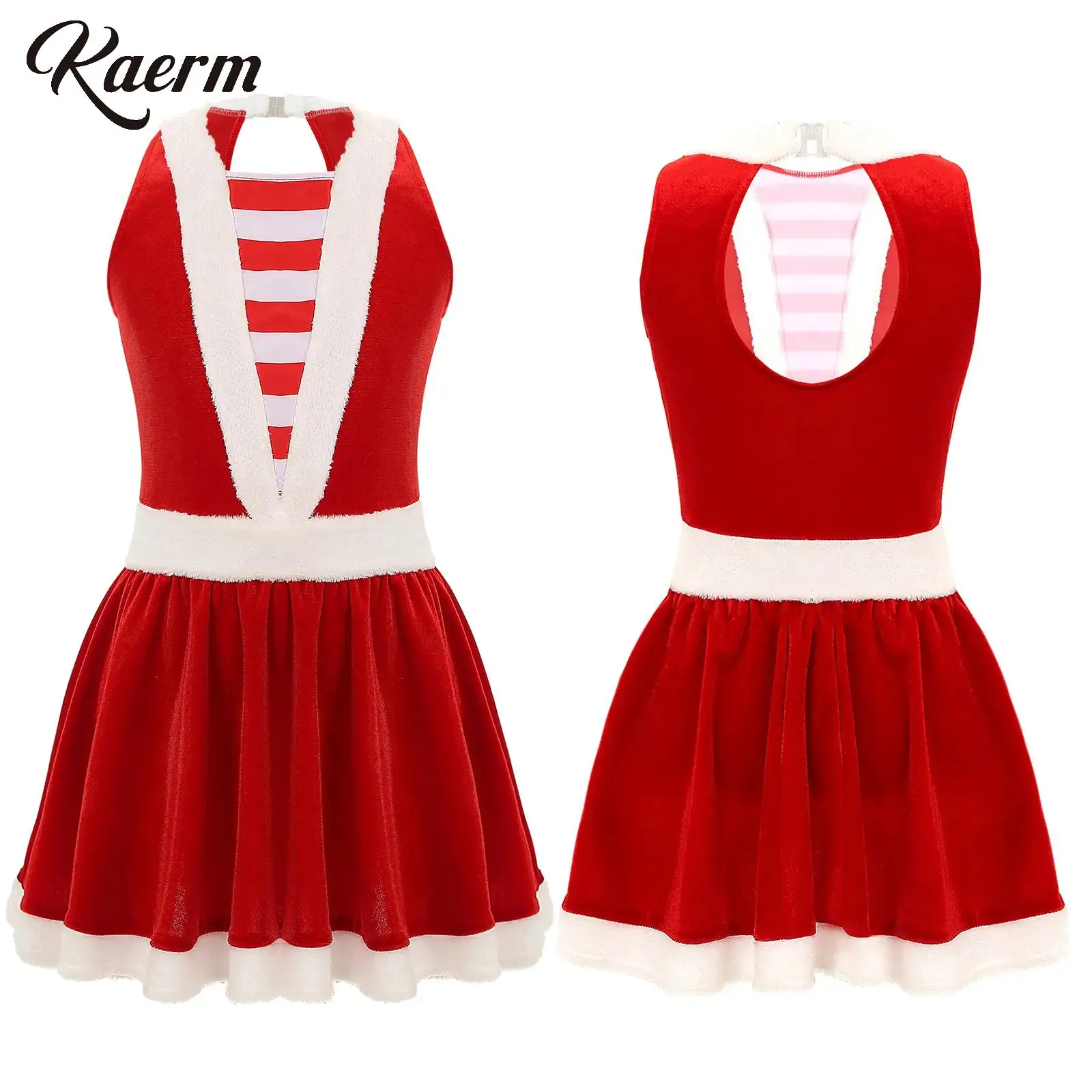 

Kids Girls Christmas Miss Santa Costume Velvet White Trim Sleeveless Striped Dress Xmas Holiday Party Outfit A-Line Dress