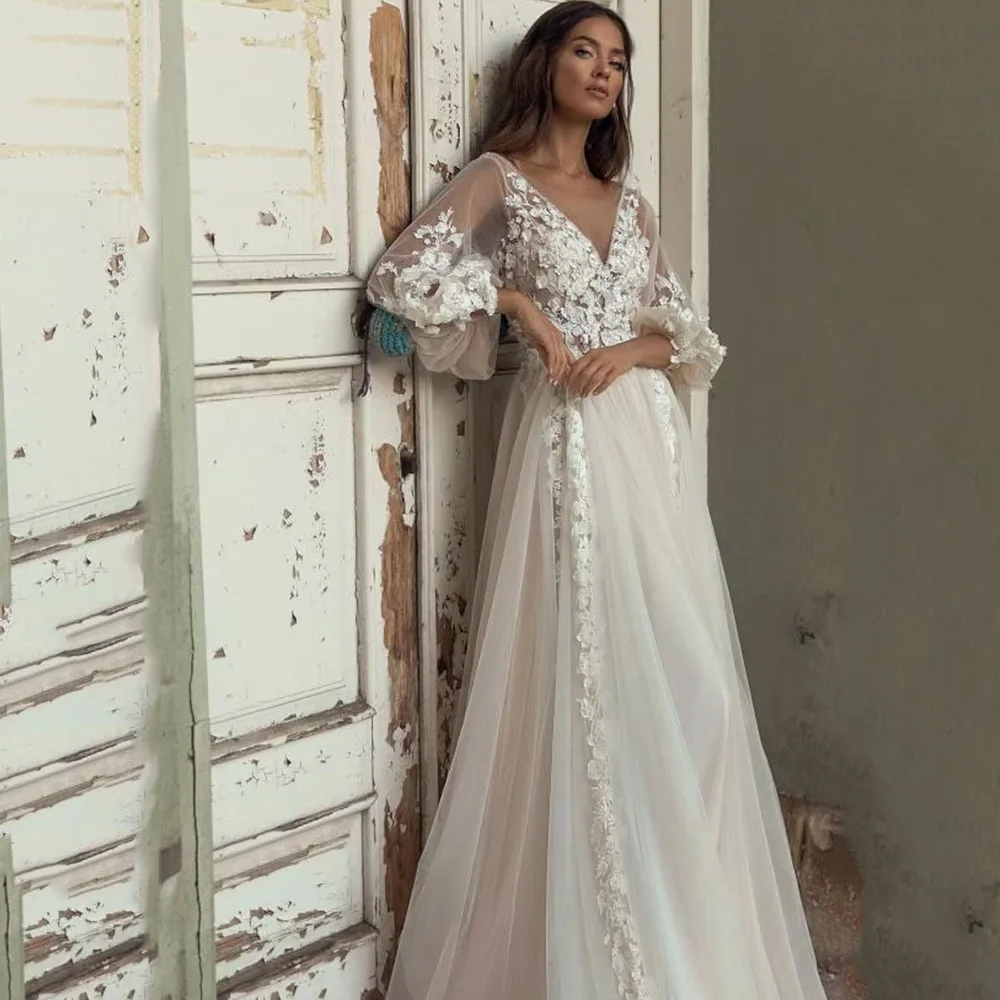 Lace A-Line Beach Wedding Dress | Puffy Sleeves