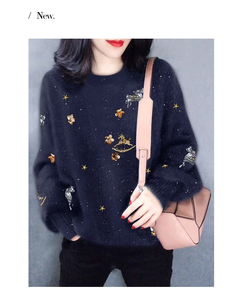 Embroidered Women Sweater 2022 Autumn Winter Long Sleeve O-neck Pullover Knitwear Vintage Fashion Loose Female Women\'s Jumper