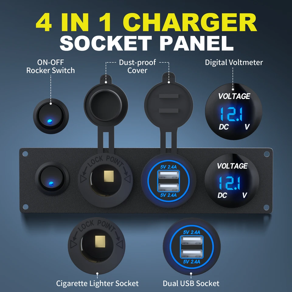 Pannello Interruttori 6 Gang Impermeabile 12V/24V - Con USB, Voltmetro Pannello Interruttori 6 Gang Impermeabile 12V/24V - Con USB, Voltmetro