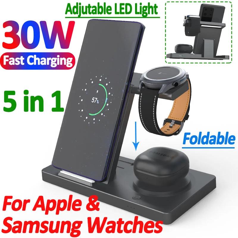 30W 5 in 1 Wireless Charger Stand For IPhone Samsung S23 S22 S21 Galaxy Watch 6 5 4 3 Active 2/1 Buds Fast Charging Dock Station xiaomi беспроводная зарядка mi 20w wireless charging stand