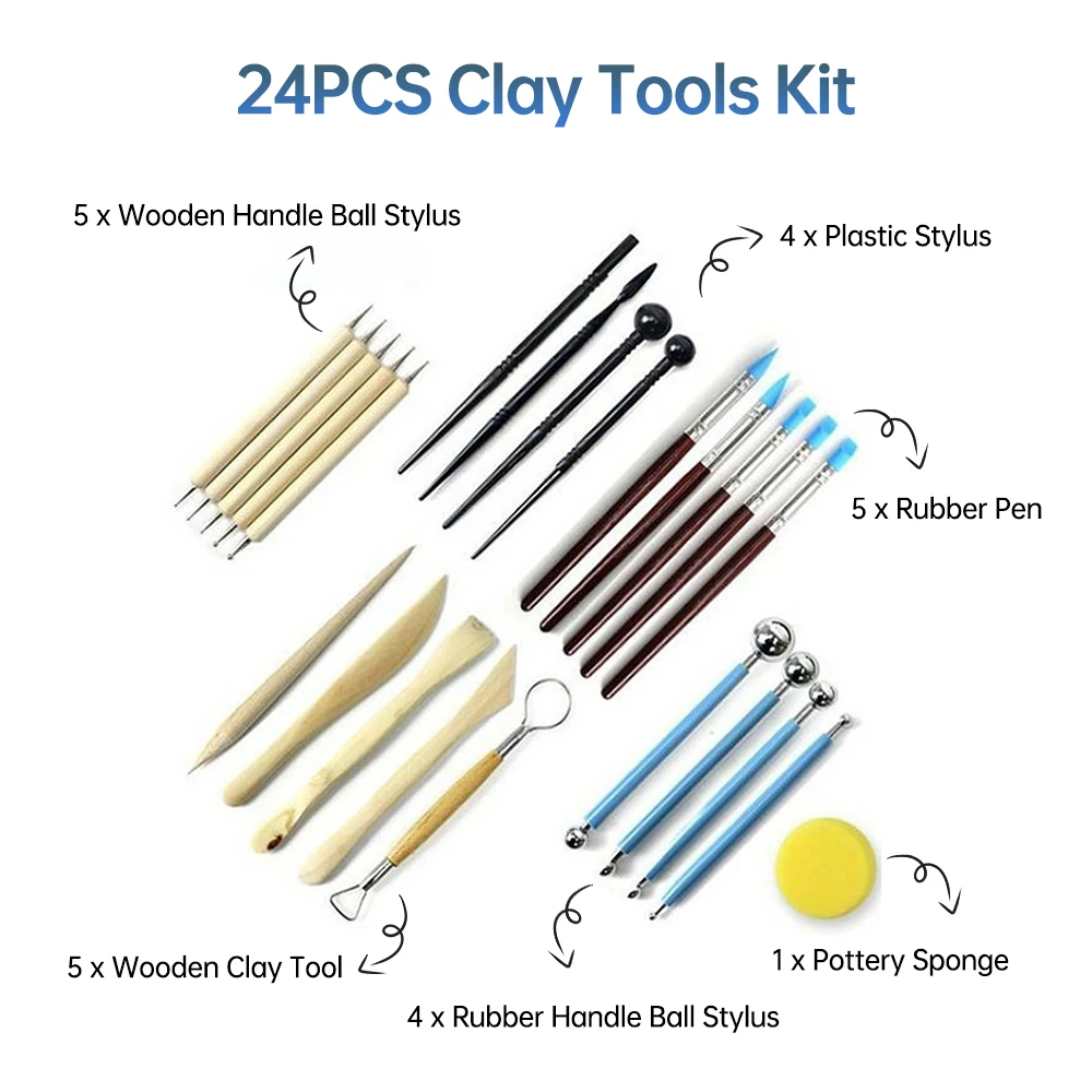 24PCS Clay Tools Kit for Sculpting with Ball Stylus Clay Tool and Pottery Sponge for DIY Pottery Sculpture Carving Art Project