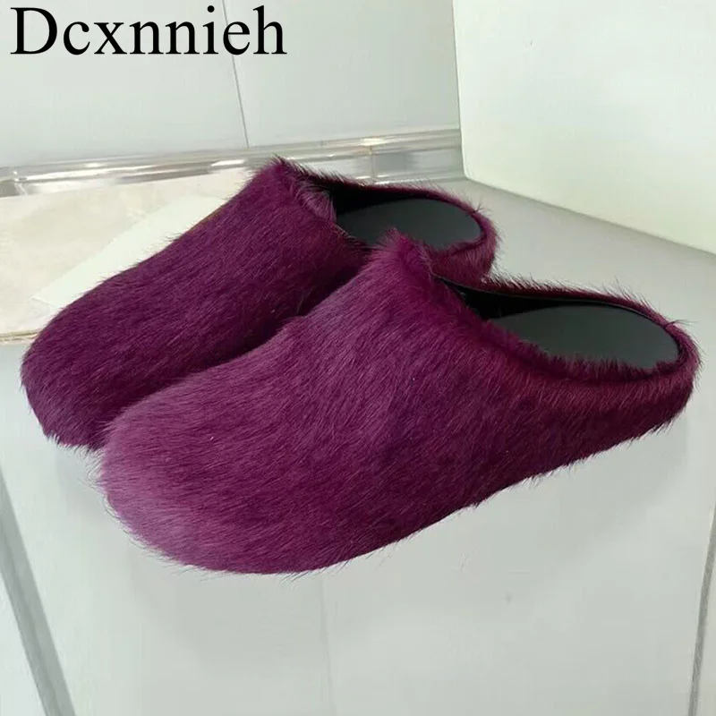 

Spring Autumn High Quality Horse Hair Slippers Women's Round Toe Versatile Half Slippers Unisex Lazy Home Comfortable Mules 2024
