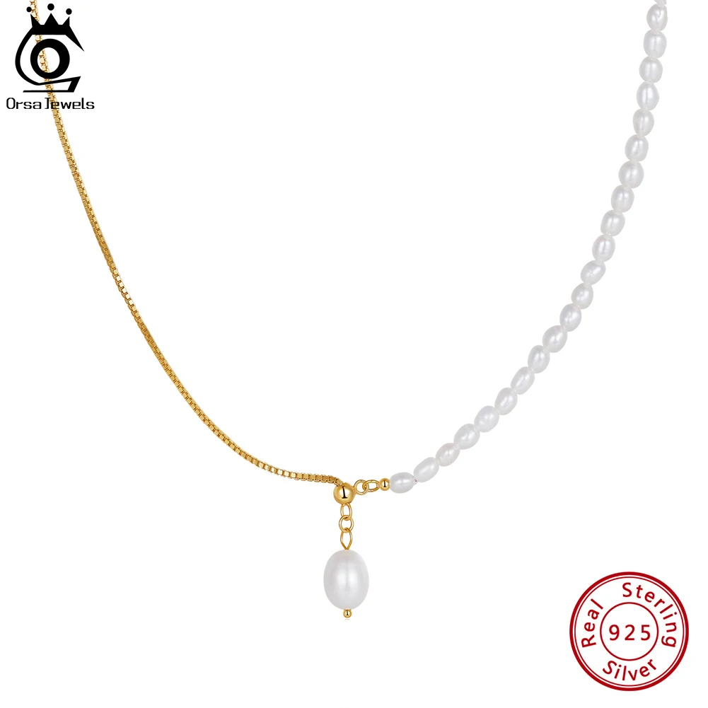 

ORSA JEWELS Luxury 925 Sterling Silver Box Chain Half Freshwater Pearl Necklace with 8mm Pearl Pendant for Women Jewelry GPN64