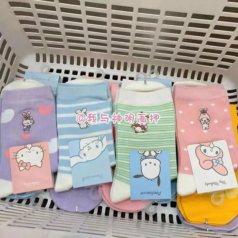 

4 Pairs Socks Pompompurin Hello Kittys Kawaii Sanrios Cotton Socks Set Student Kuromi Cinnamoroll Girl Wowen Kids Clothing Gift