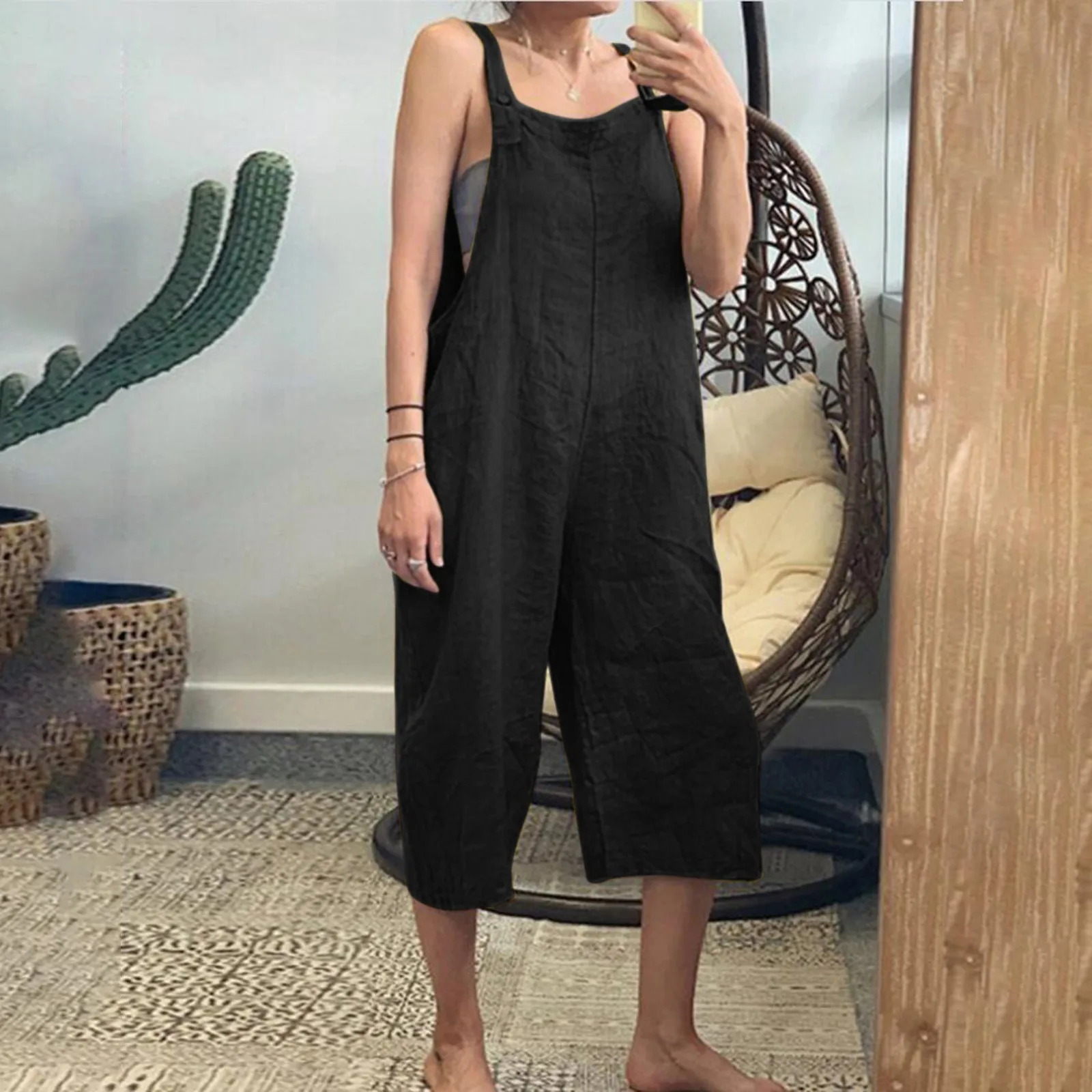 Solid Color Women Loose Cotton Linen Jumpsuit Sleeveless Harem Overalls Jumpsuits Loose Vintage Pants Femme Clothes