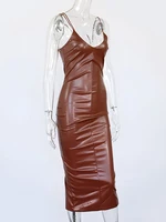Summer Brown Pu Leather Dress WoSexy Straps V-Neck Backless Midi Bodyocn Long Dress