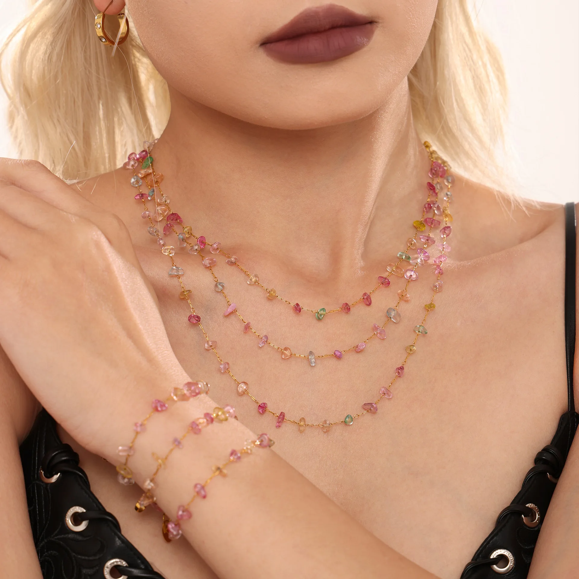 Mode Bunte Kristall Anhänger Halskette Armband Set 2 stücke Frauen Edelstahl Vergoldet Kette Böhmischen Schmuck Zubehör – Detail 10