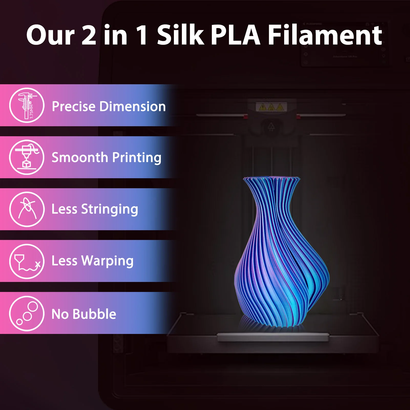 Silk PLA Filament 250g 2 Color in 1 3D Printing Filament 1.75mm Silk 3D Printer Fit Most FDM Printers