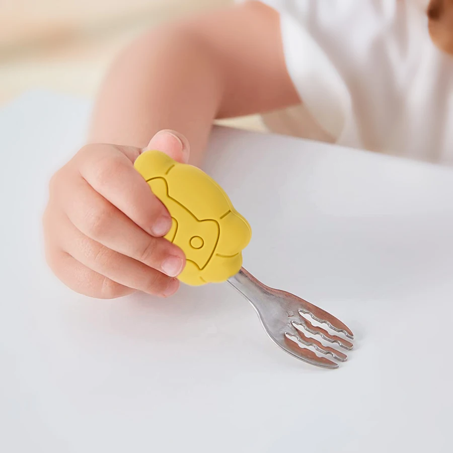 New Kids Feeding Spoon Fork Set Silicone Handle Cutlery Crab Lion Children's Tableware Stainless Steel Utensils Baby Items 5